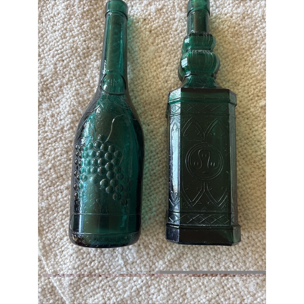 Set Of 2 Emerald Green Glass Apothecary Bottle/ Decorative Bottle Embossed